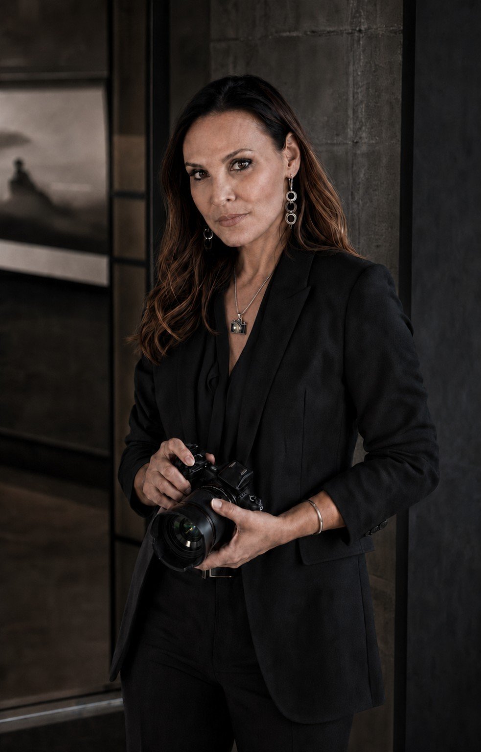 Portrait of photographer Jody Jenkins in a black suit holding her camera