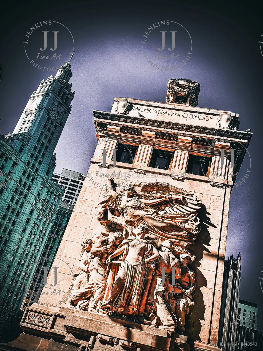 Michigan Avenue Bridge monument and surrounding towers