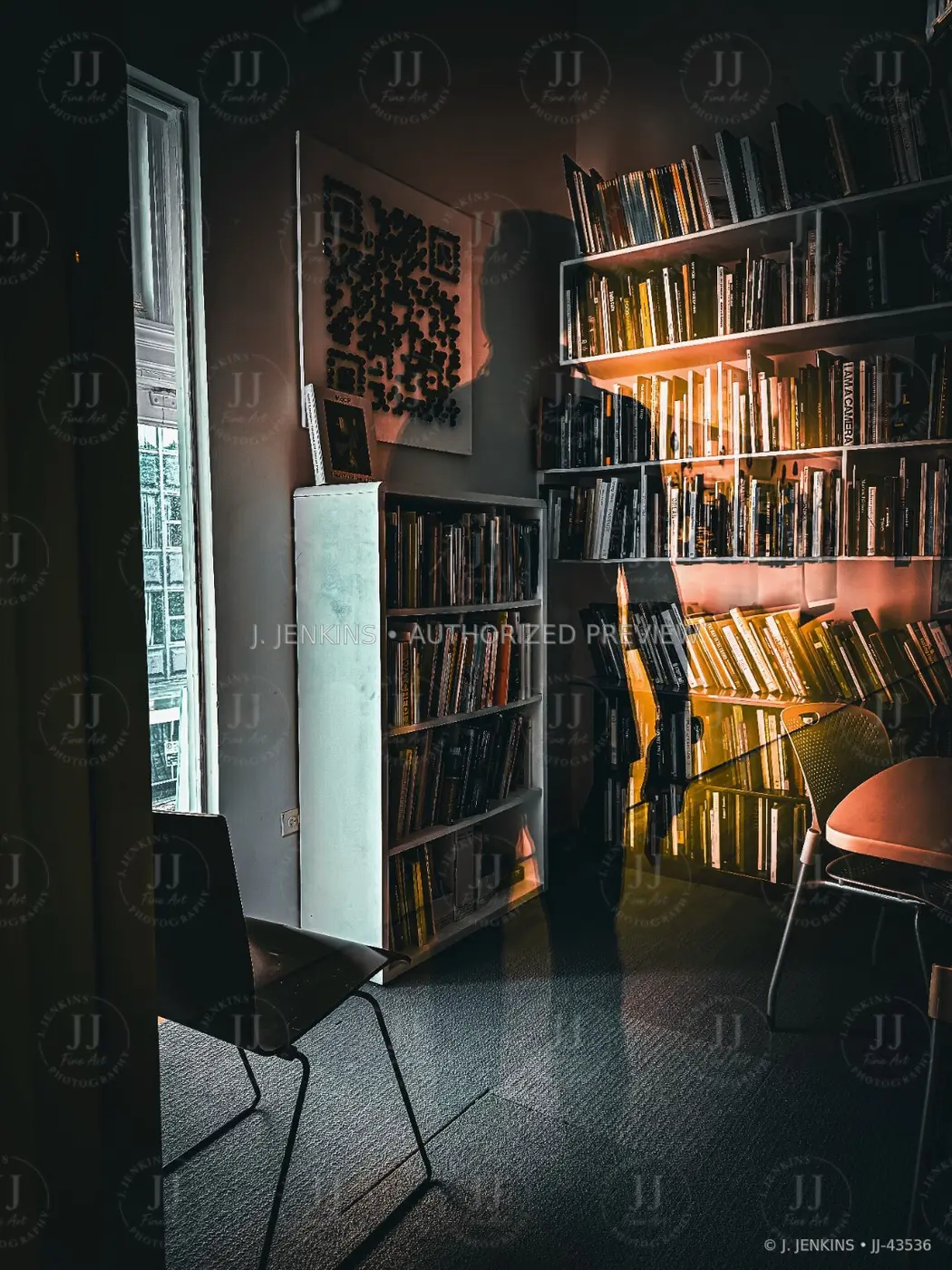 Sunlight falling across shelves in a quiet art library